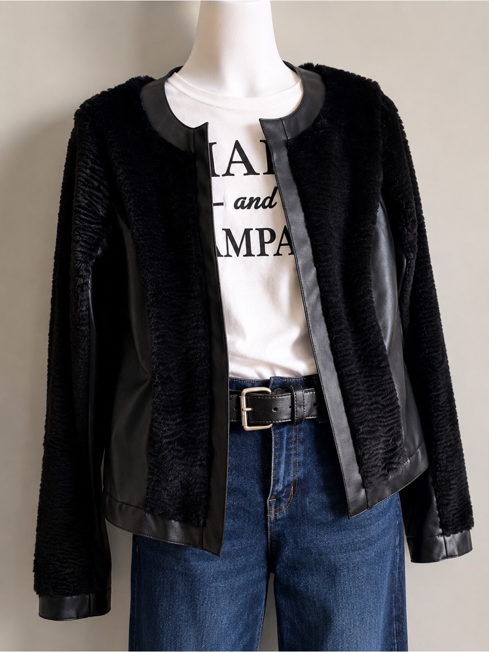 Kensie Black Faux Leather Faux Fur Moto Jacket